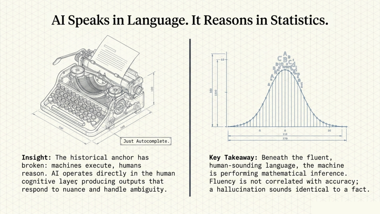 Blueprint contrasting a typewriter labeled 'Just Autocomplete' with a statistical bell curve, illustrating that AI speaks in language but reasons in statistics