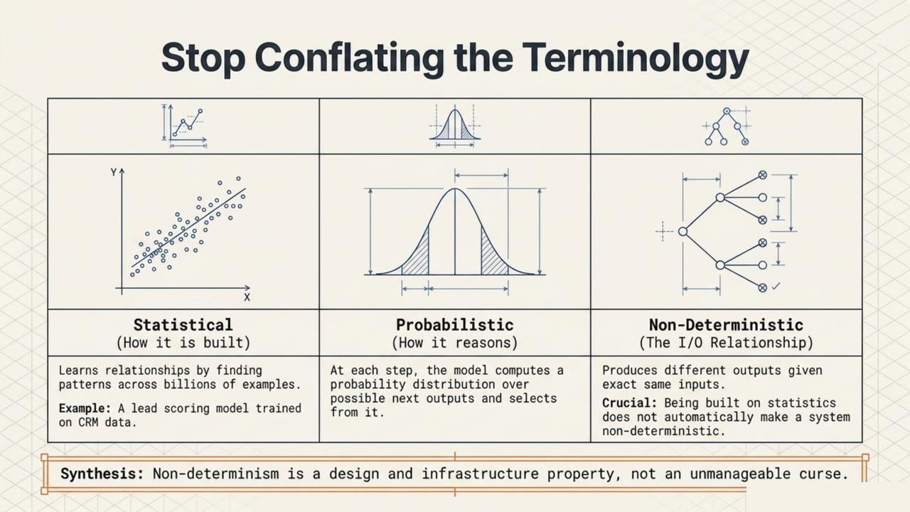 Blueprint diagram distinguishing three AI properties: statistical (how it is built), probabilistic (how it reasons), and non-deterministic (the I/O relationship)
