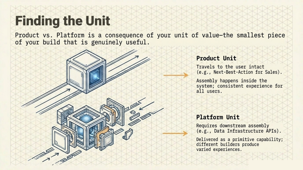 Technical diagram contrasting a product unit (assembled, delivered intact) with a platform unit (requires downstream assembly), showing that unit of value determines architecture