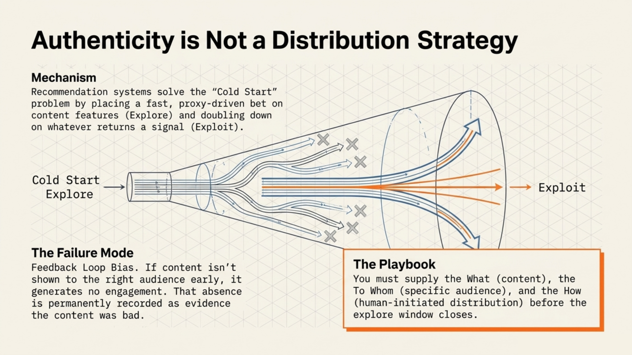 Funnel diagram showing how recommendation systems handle the cold start problem through explore-exploit phases, with feedback loop bias determining which content survives